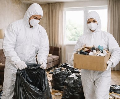 Équipe de trois professionnels en tenue blanche intervenant pour un débarras Diogène dans un appartement encombré