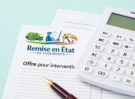 Devis “Offre pour intervention” avec calculatrice, stylo et logo Remise en État de Logements