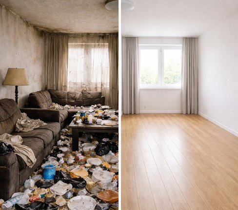 Avant après d’un salon encombré type Diogène nettoyé, vidé et remis en état