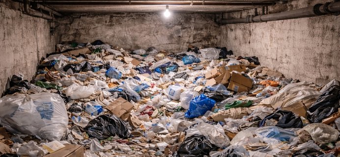 Cave complètement encombrée de déchets et de sacs avant débarras