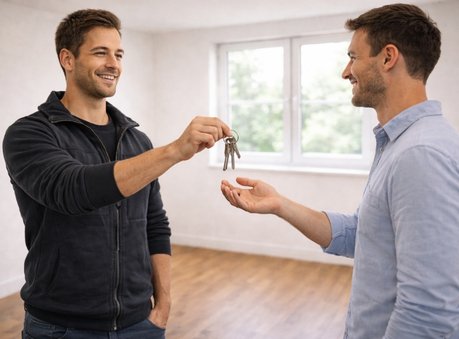 Professionnel remettant les clés d’un logement rénové et propre à un client dans un appartement vide et lumineux
